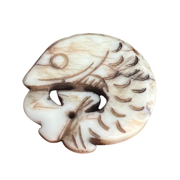 Vintage Lot of 2 Carved Jade Stone Koi Fish Pendants Circular Charm 2" Each - Picture 2 of 5